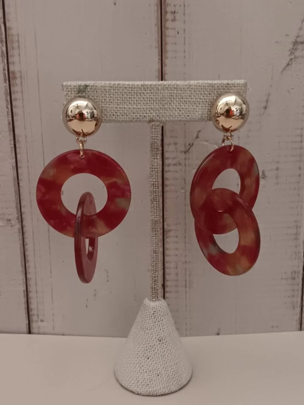 Pierced Earrings Marbled Interlocked Disks Dangle Drop Groovy Boho